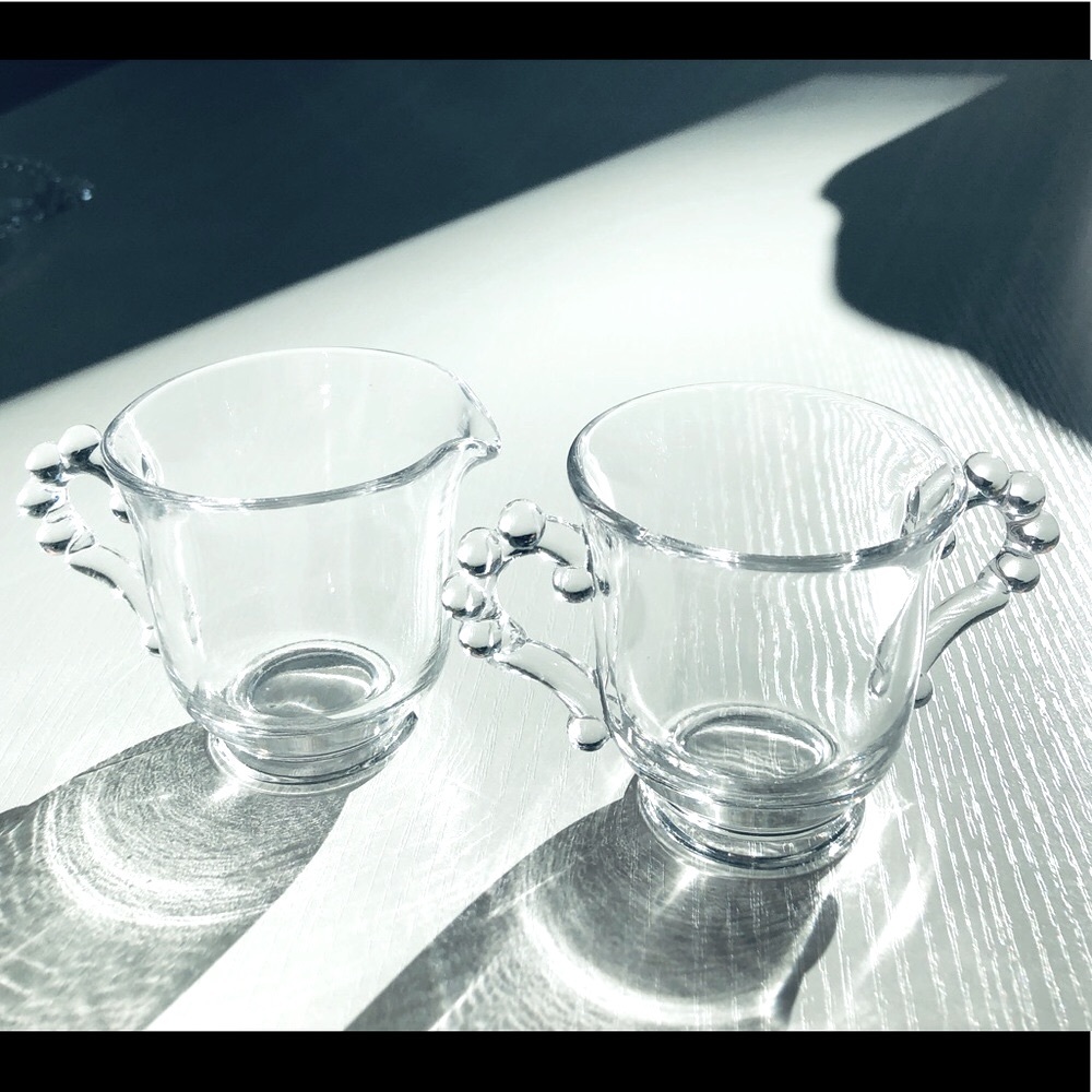 VTG 1920’s clear Glass Hobnail 3 pc Creamer, sugar, Divided round serving dish - Picture 13 of 16